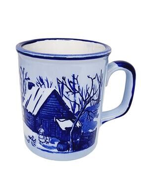 Vintage Japan Otagiri Mug Blue Cabin Scene Stoneware Rustic Coffee Mug